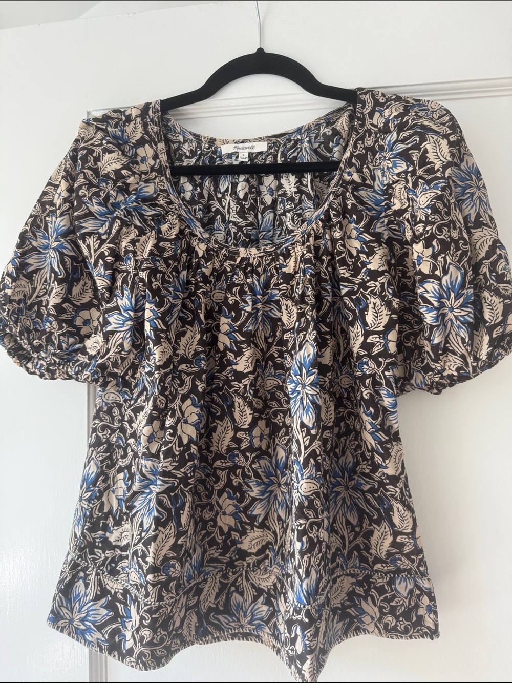 Madewell Floral Puff-Sleeve Women’s Top in Black, Cream & Blue size S